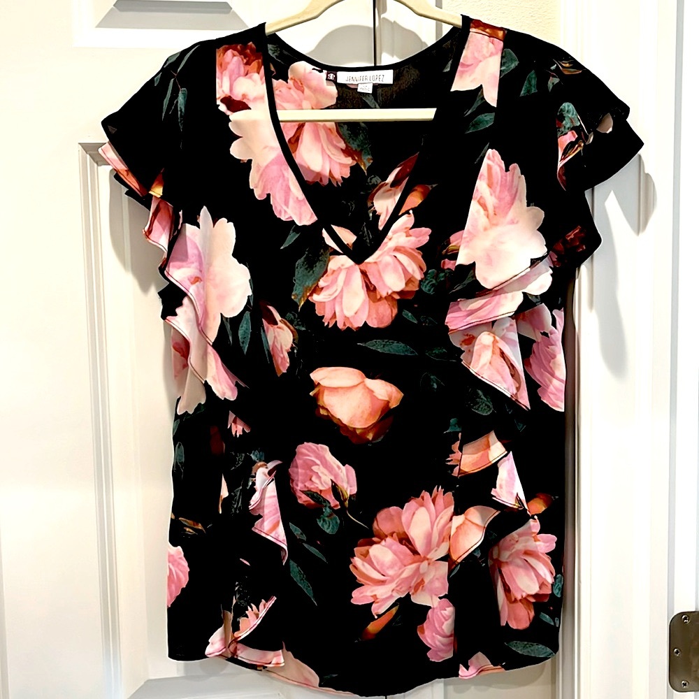 Jennifer Lopez 0X Black Pink Floral Sheer Flutter Sleeve V-Neck Blouse Top EUC